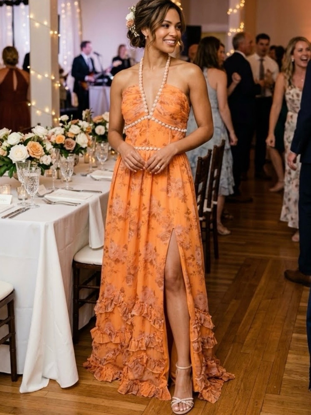 Halter Style Orange Floral Ruffle Maxi Dress with Pearl Trim